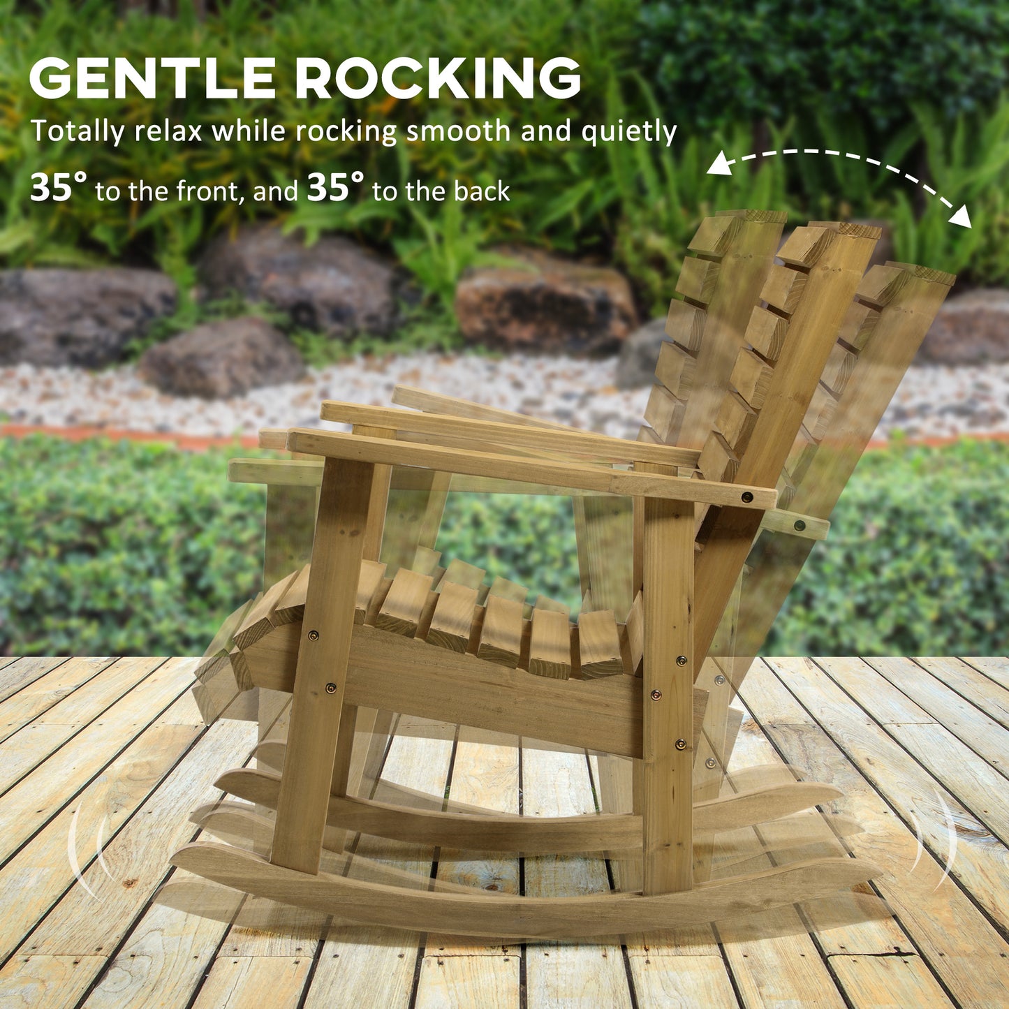 Fauteuil à bascule en bois, structure à lattes avec accoudoirs, pour l'extérieur et l'intérieur, marron clair