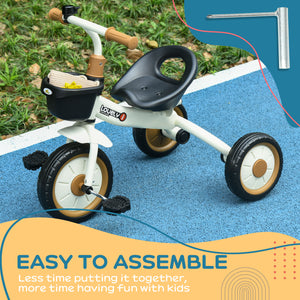 Tricycle avec siège réglable, panier, sonnette, blanc