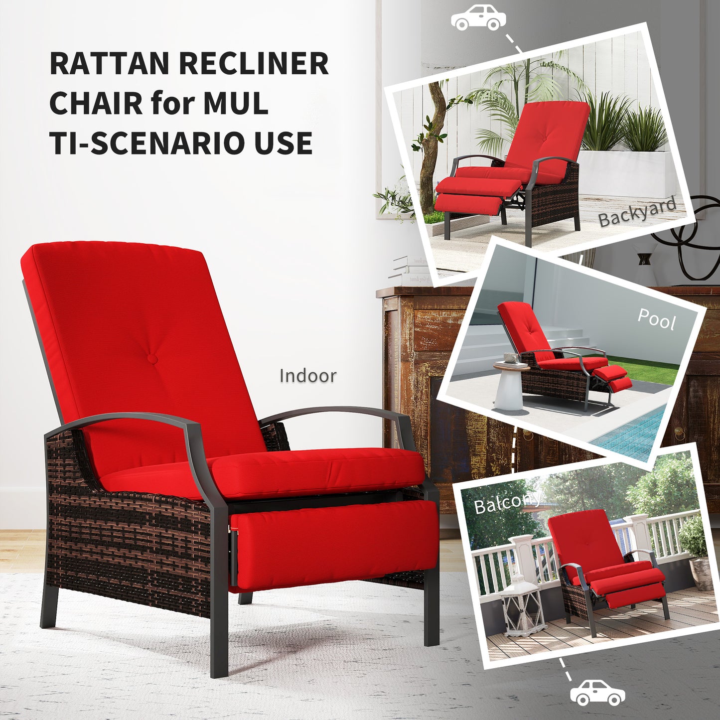Fauteuil inclinable d'extérieur en rotin avec dossier réglable et repose-pieds rétractable, couleur rouge vin