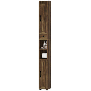 Meuble de salle de bain étroit, haut avec portes de grange, tiroir et étagères réglables, aspect bois brun