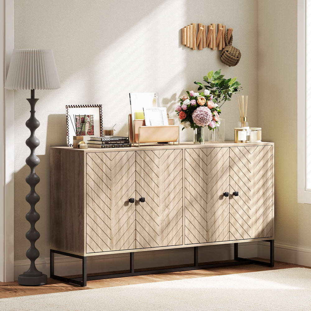 Buffet avec 2 étagères réglables et base en acier, meuble bar pour salon, chêne