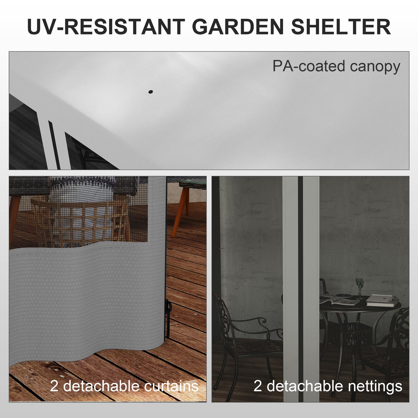 Pergola murale 10' x 13' avec 2 rideaux et 2 filets, résistante aux UV, pour terrasse, gris clair