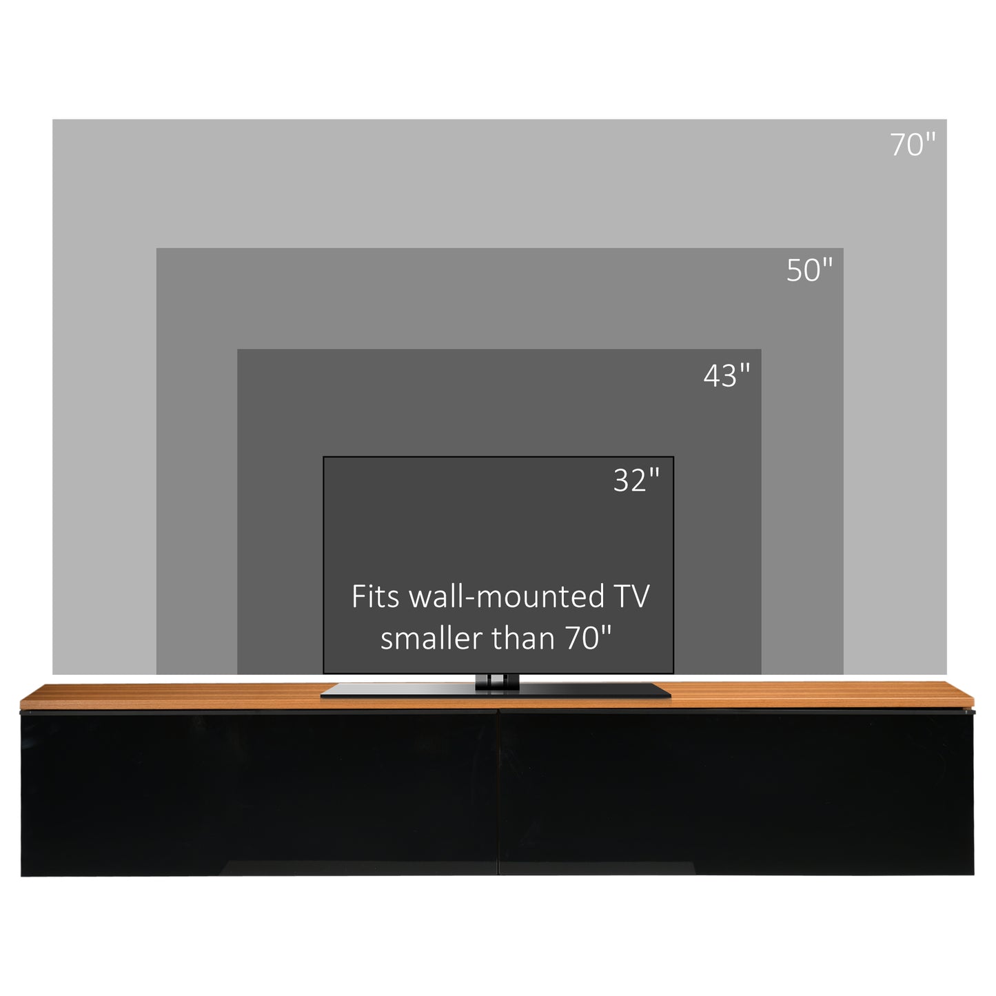 Meuble TV flottant pour téléviseurs jusqu'à 70 pouces avec rangement, effet brillant, marron et noir