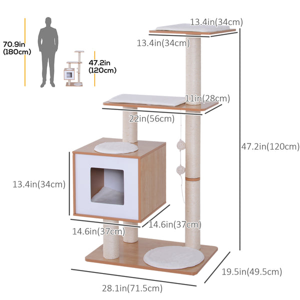 47" Wooden Cat Tree, Scratching Post, House with Cushions, Brown