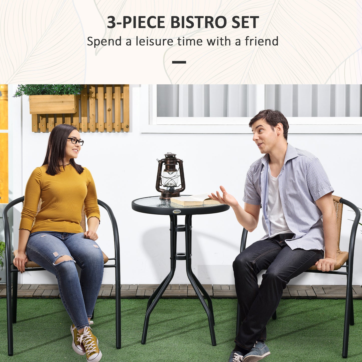 Outsunny 3-Piece Wicker Outdoor Furniture Set with 2 Stacking Chairs and Tempered Glass Coffee Table for Garden Backyard, Brown