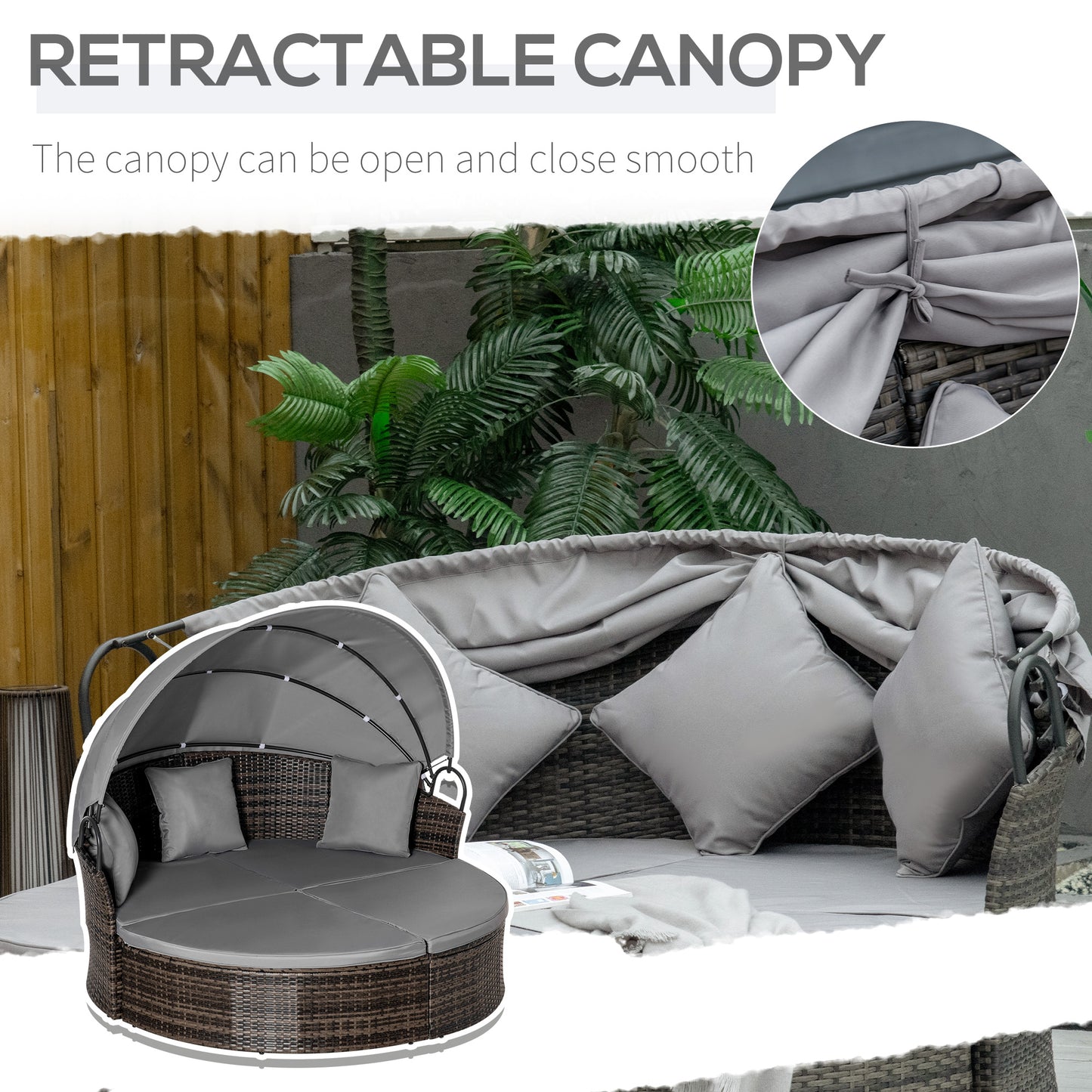 Outsunny 2-Piece Outdoor Rattan Chaise Lounge with Retractable Canopy, Round Wicker Sun Lounger Set with Cushions and Pillows, Grey Mix