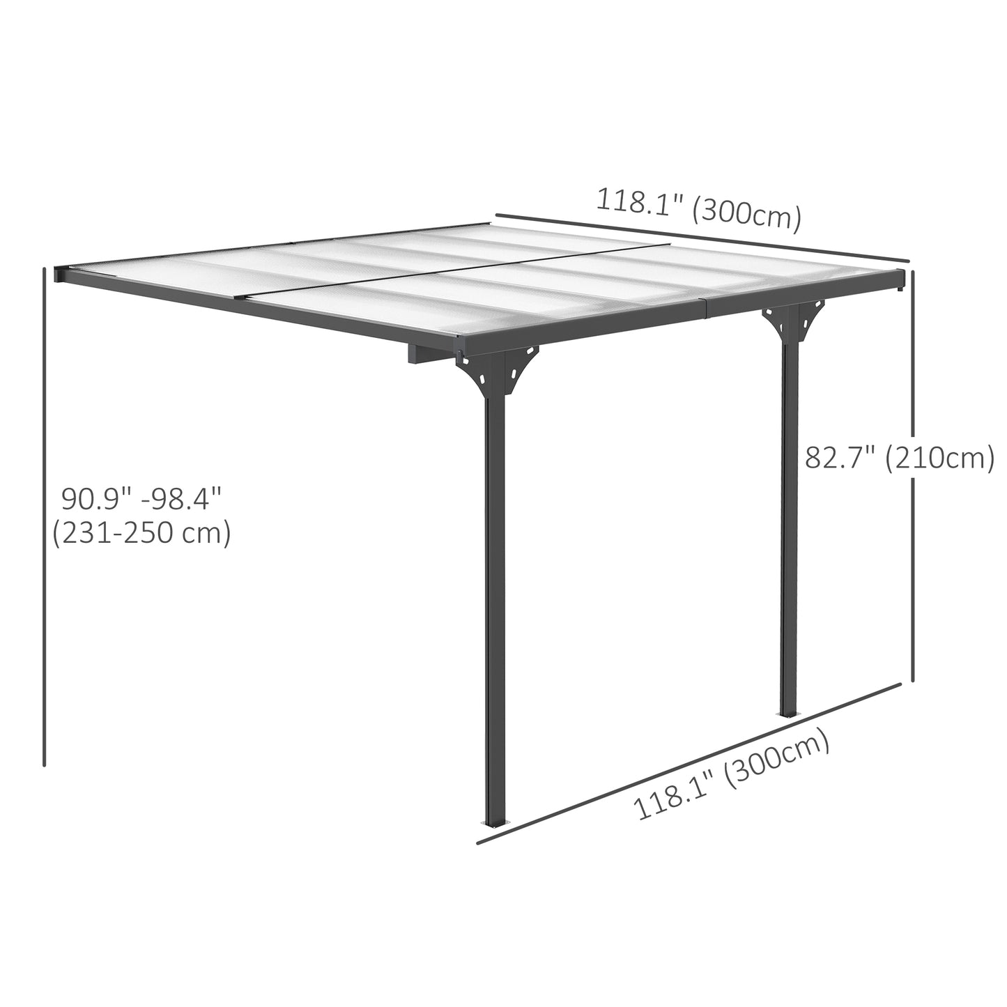 Pergola 10' x 10' avec toit rigide en polycarbonate, hauteur réglable, cadre en aluminium, protection UV, gris