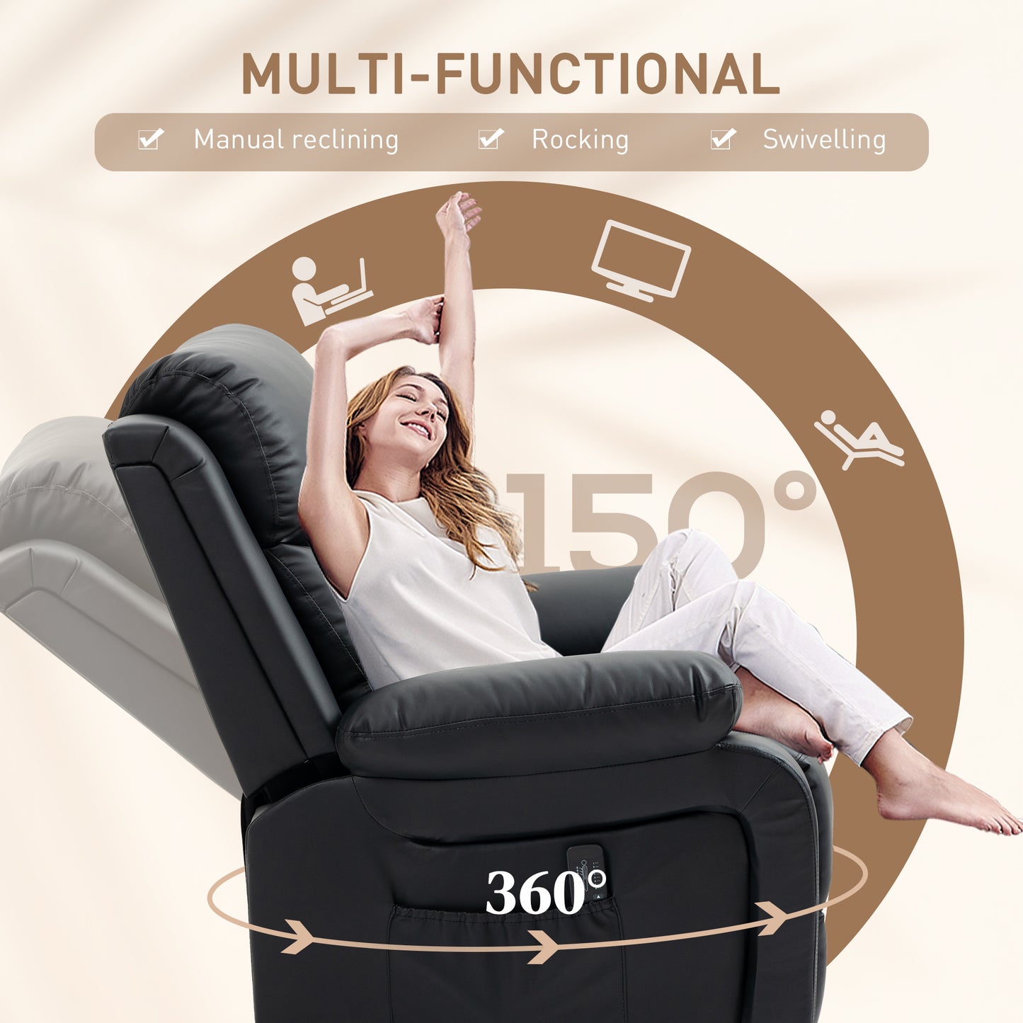 Fauteuil inclinable en cuir synthétique avec massage par vibration, base pivotante, fonction bascule, télécommande, noir