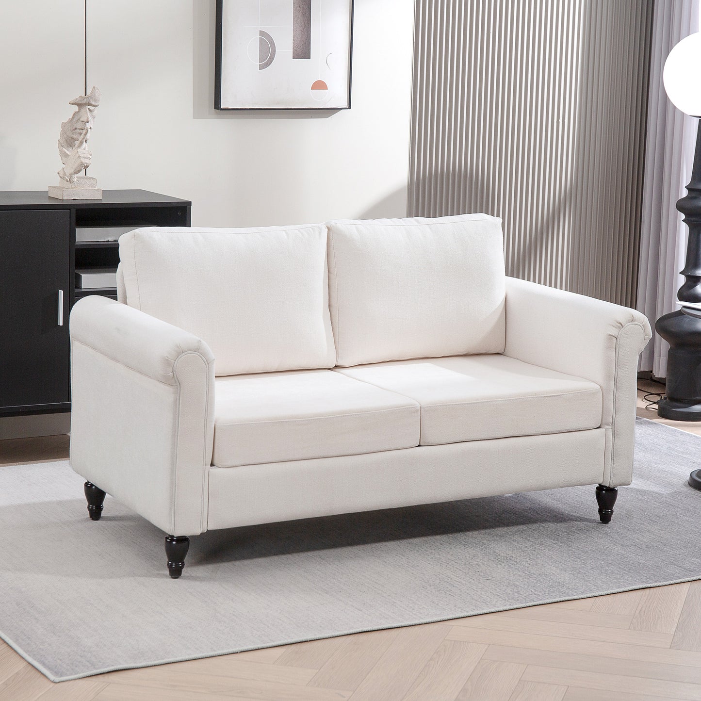 Vintage 2-seater upholstered sofa, chenille fabric, rolled armrests, rubberwood legs, cream white