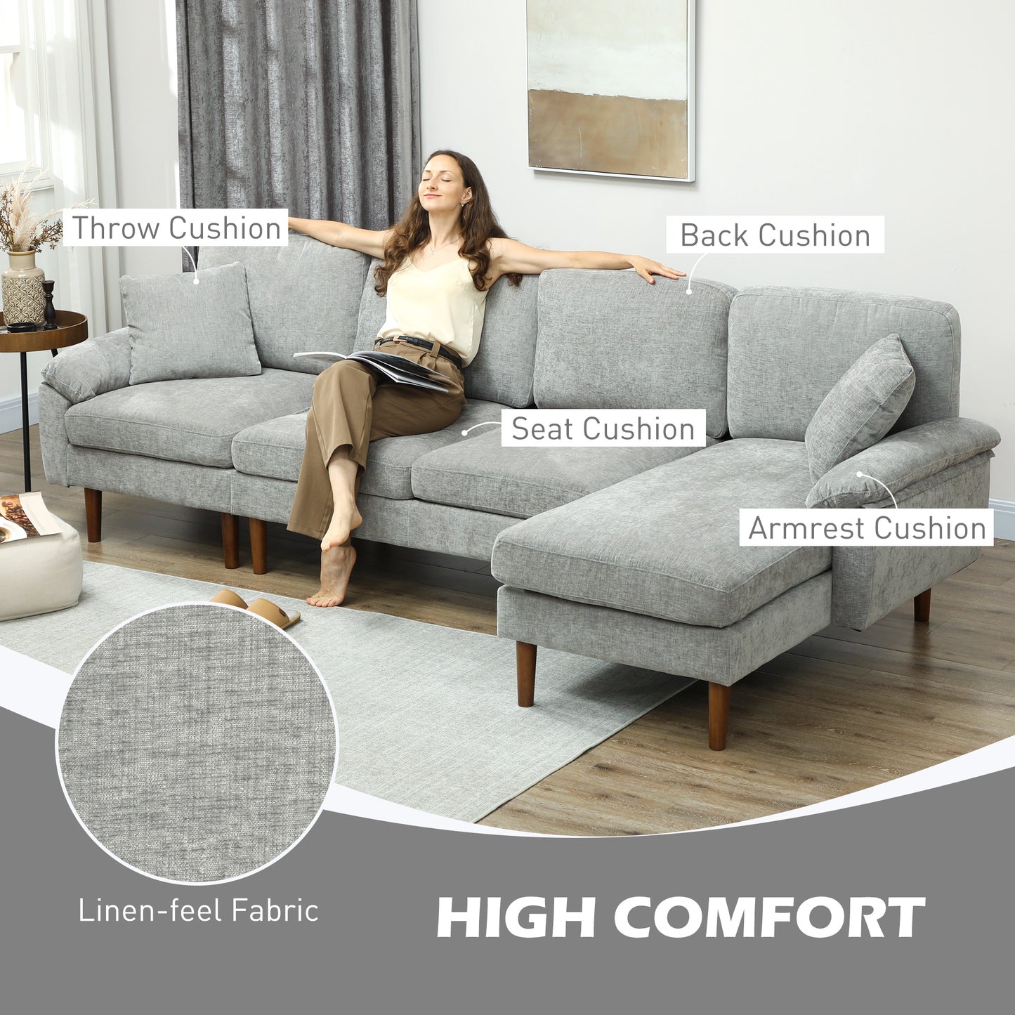 Modern Sectional Sofa with Removable Chaise, Cushions and Wooden Legs for Living Room, Gray