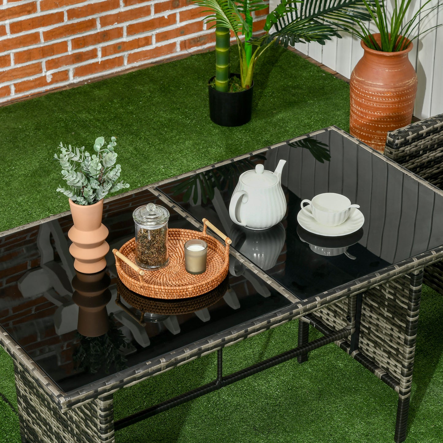 Outsunny 6 Piece Garden Furniture Set with Chairs, Ottomans, Sofa, Glass Table and Cushions, Wicker Rattan Outdoor Furniture Set for Garden and Porch, Grey