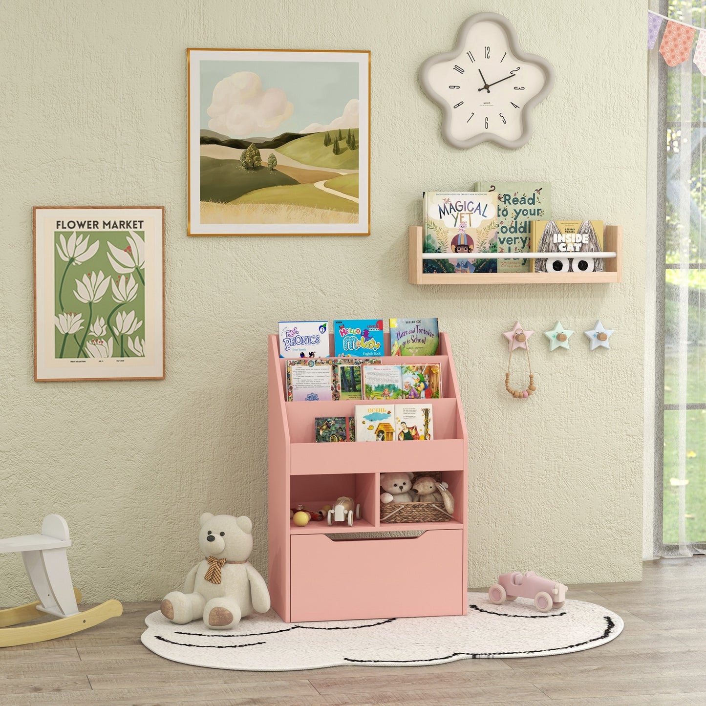 Bibliothèque pour enfants avec tiroir de rangement pour livres, coin lecture, rose