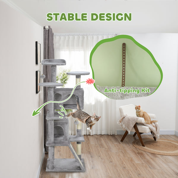 54-inch Multi-Level Cat Tree with Scratching Posts, Condos, Bed, Platforms, Light Gray