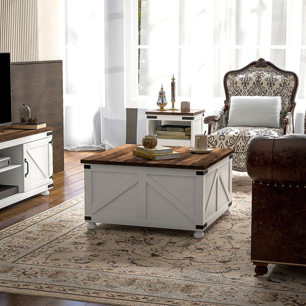 Table centrale de style campagnard avec compartiment caché, blanc antique