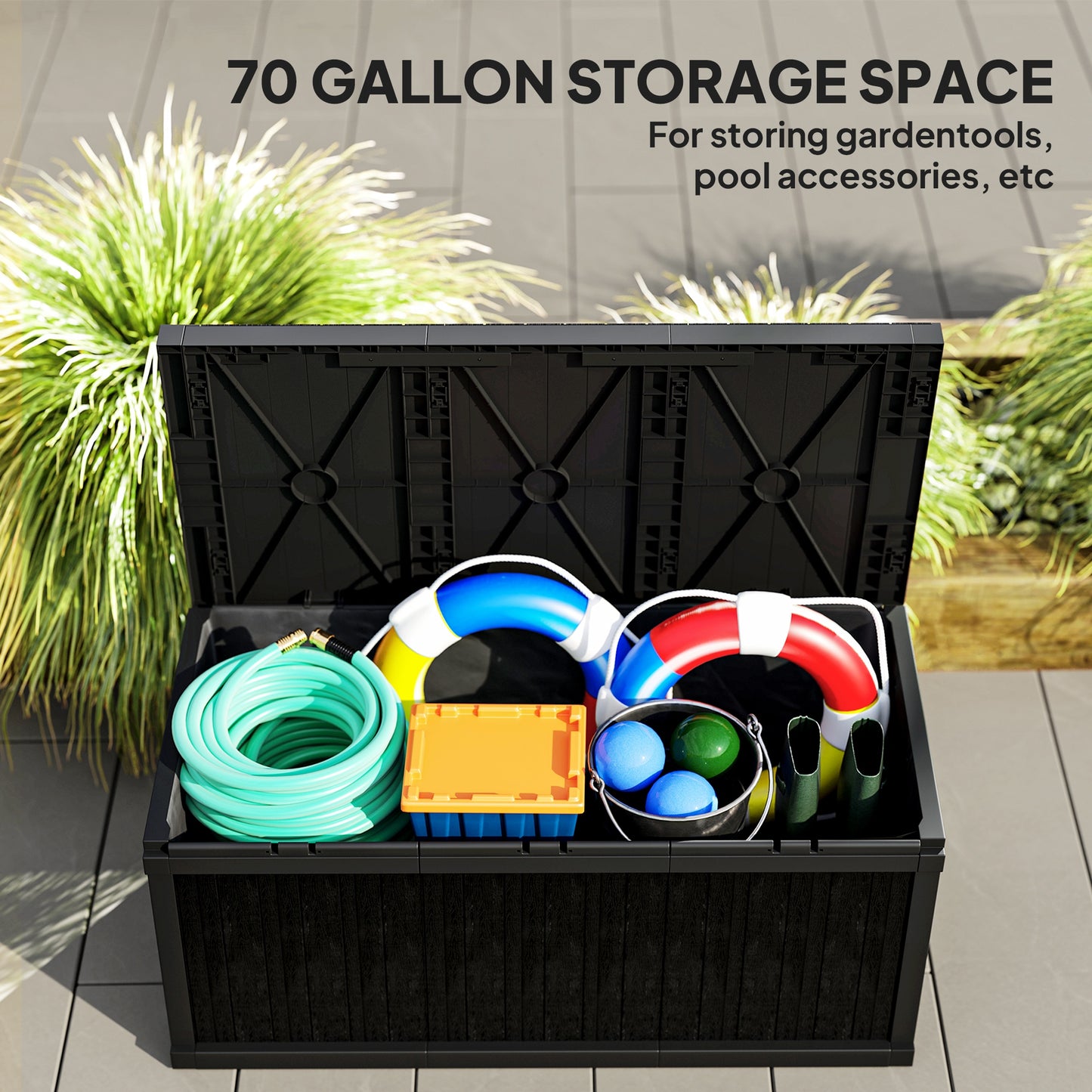 Outsunny 70 Gallon Patio Box, Resin Outdoor Storage Box with Handles, Waterproof Garden Tool Storage Container, Black
