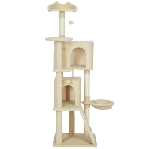 Arbre à chat de 160 cm avec griffoirs, cabanes, perchoirs moelleux, hamac, échelle, beige