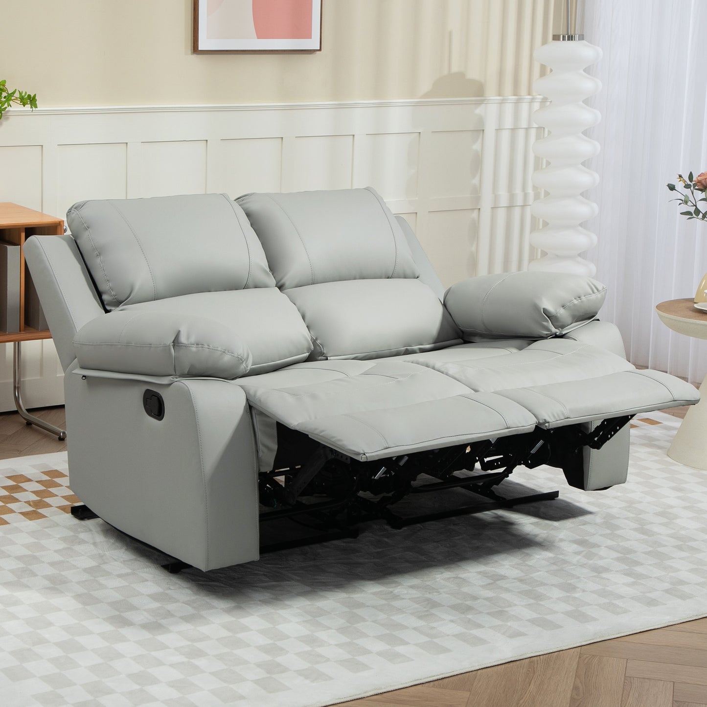 HOMCOM Manual Recliner Sofa, Faux Leather Double Reclining Loveseat with Retractable Footrest for Living Room, Light Grey