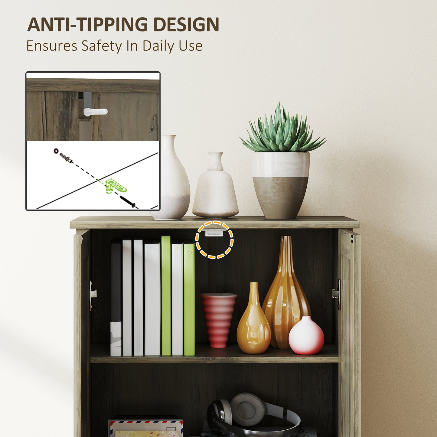 Armoire de rangement de style campagnard, 67 po, avec 2 portes et étagères réglables, gris vieilli