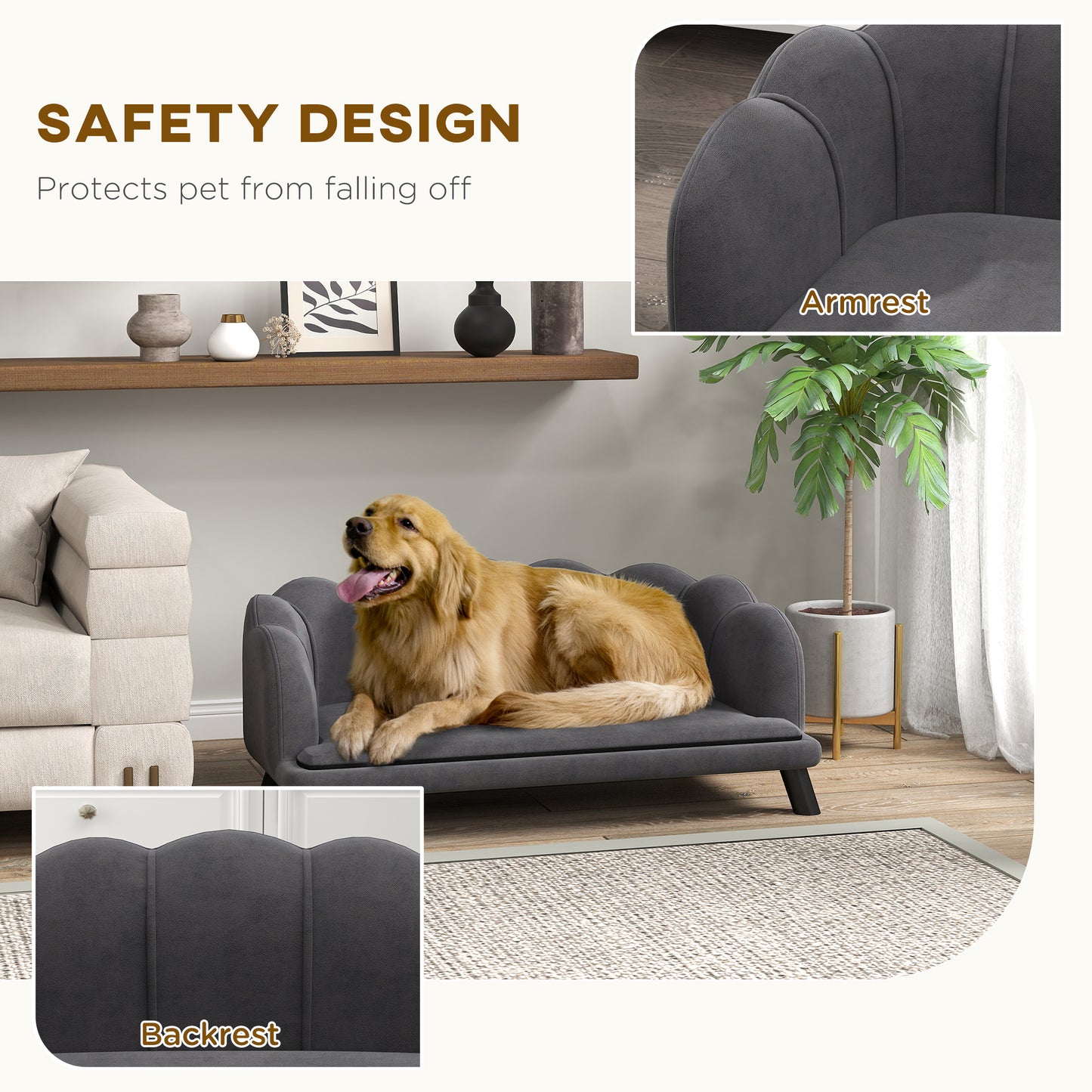 Canapé pour chien avec coussin amovible et pieds en bois pour chiens de taille moyenne et grande, gris foncé