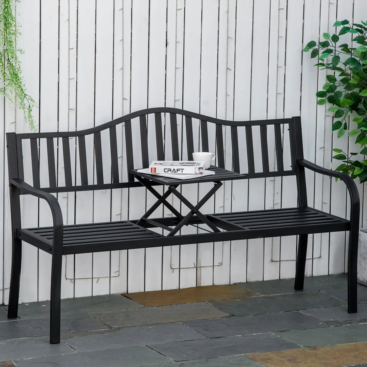 Banc d'extérieur en métal avec table centrale relevable pour 2 à 3 personnes, noir