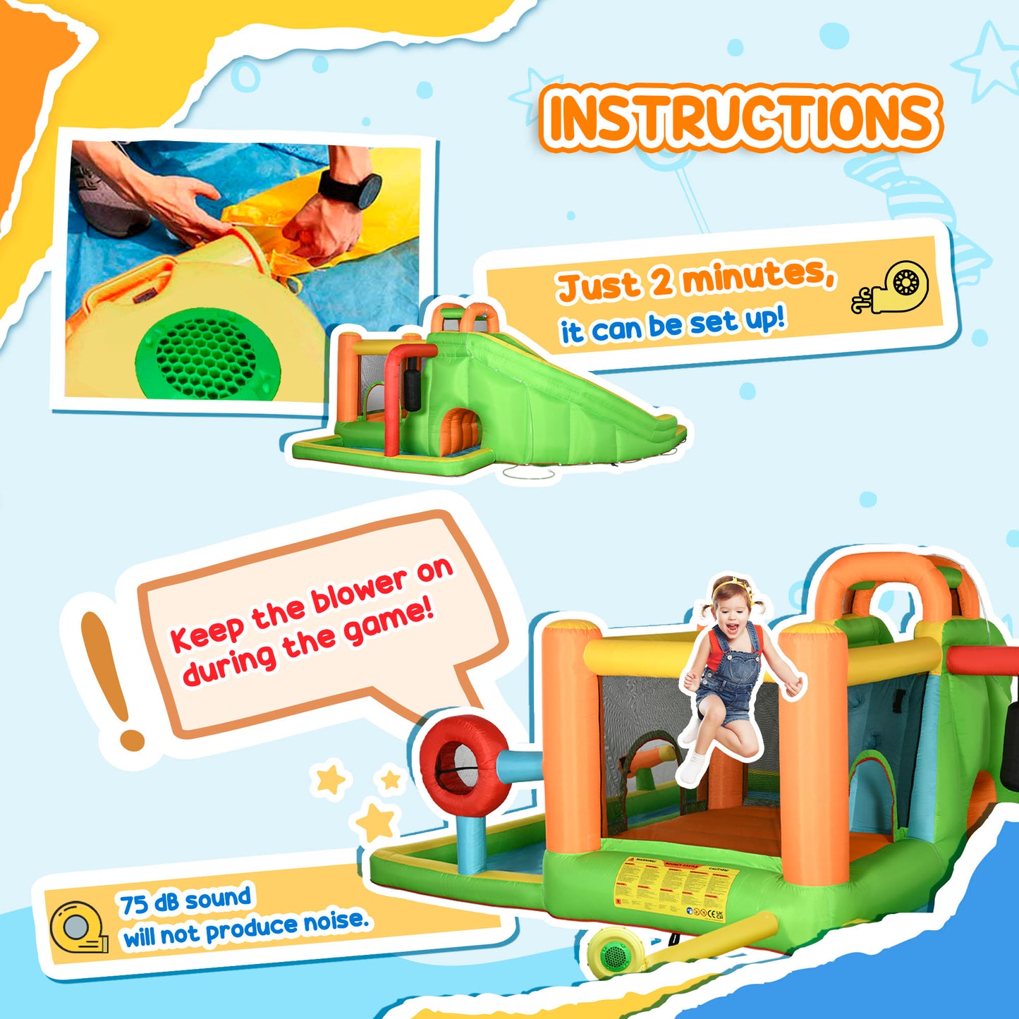 8-in-1 Inflatable Castle for Kids, Includes Slide, Trampoline, Pool, Water Gun, Target Ball, Boxing, Tunnel with Carry Bag, 750W Blower