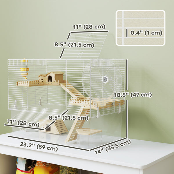 Cage pour hamster profonde, rampe en bois, cabane, roue d'exercice pour hamster et gerbille, blanche