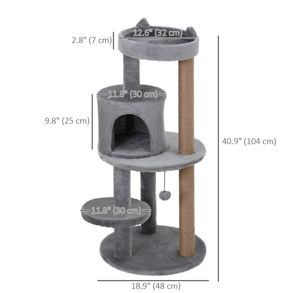 41" Cat Tree with Condo, Scratching Posts and Hanging Ball, Grey