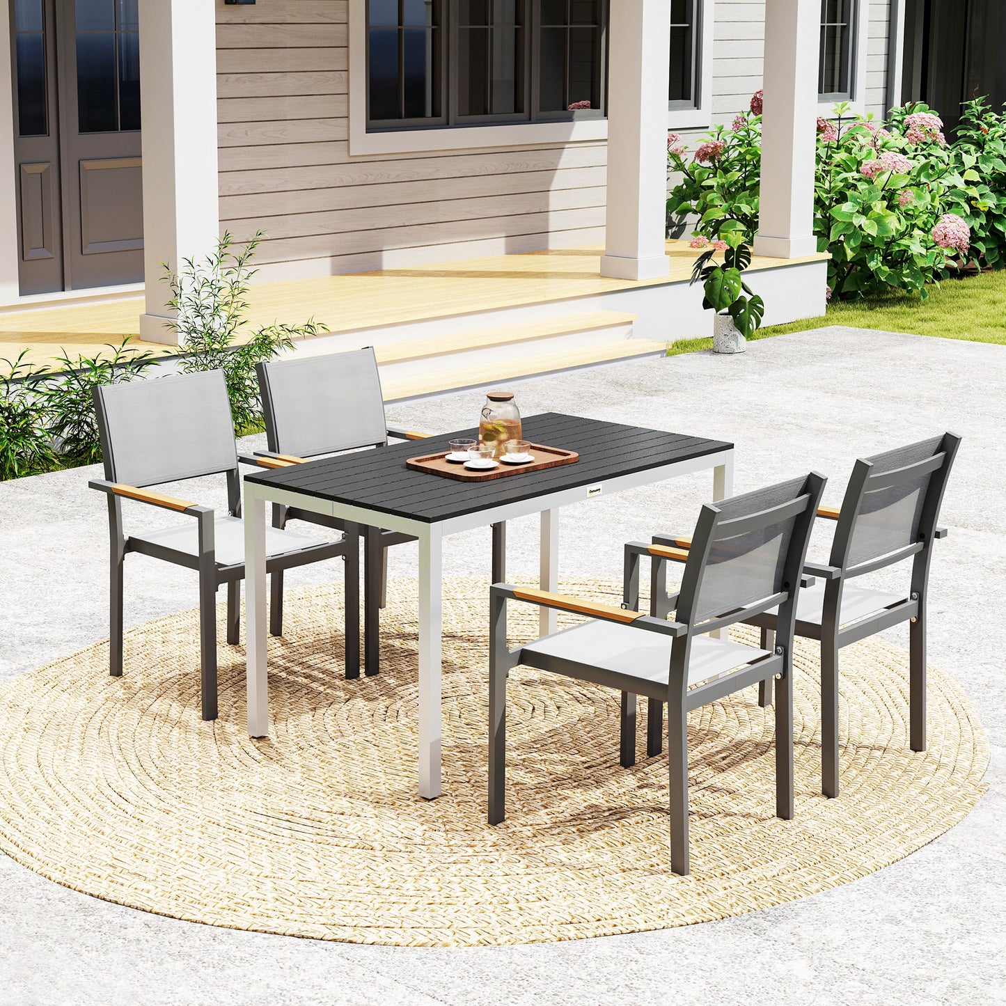 Outsunny Outdoor Dining Table for 4-6 People, Easy-Care Slatted Top, Rust-Proof Aluminum Frame, Black