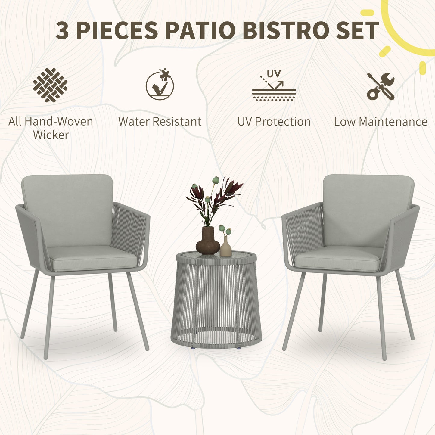 Outsunny 3-Piece Outdoor Bistro Set, Wicker Rattan Furniture with Metal Legs for Garden Backyard, Light Grey