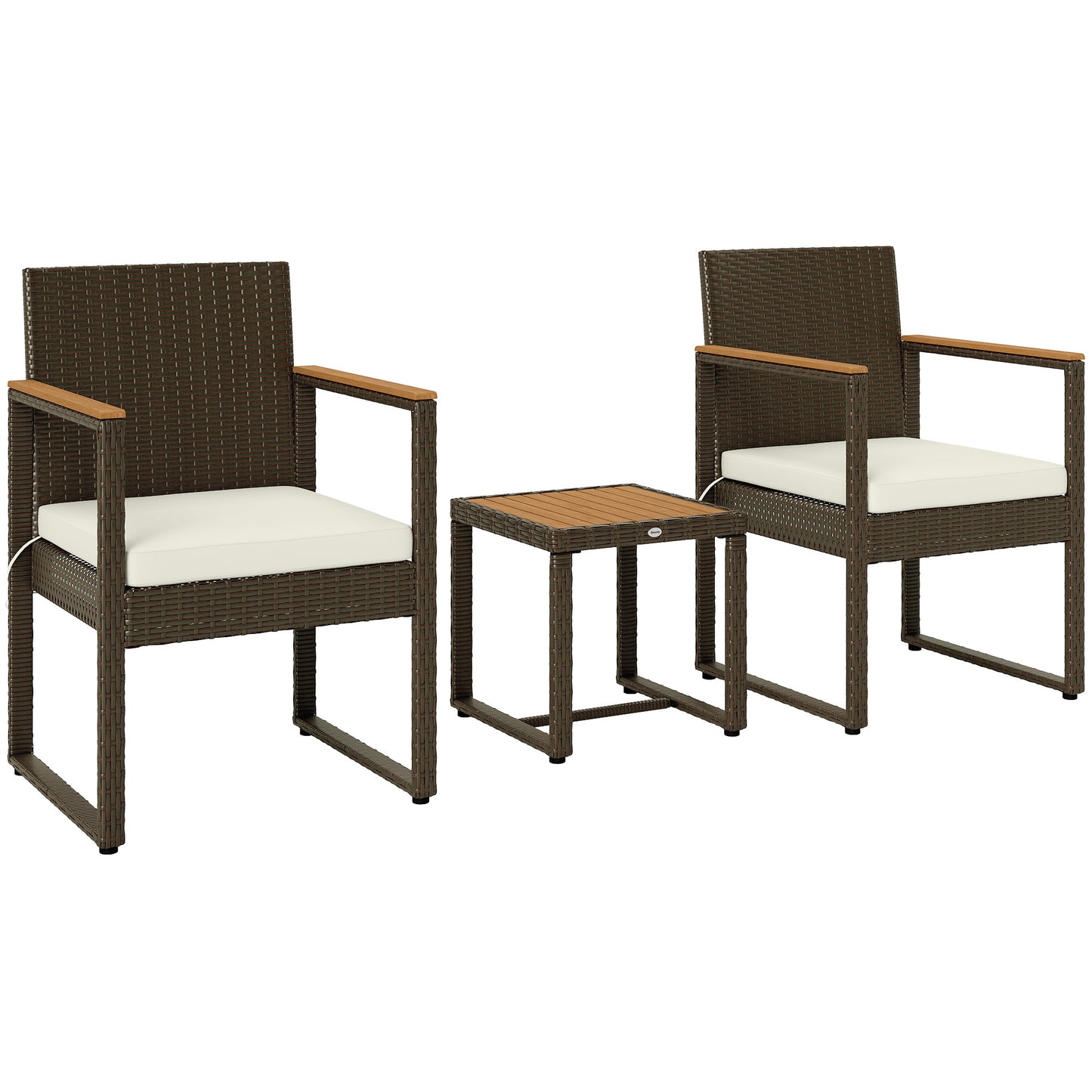 Ensemble de jardin 3 pièces Outsunny en osier, ensemble bistrot en rotin avec table en bois d'acacia et coussins amovibles, blanc