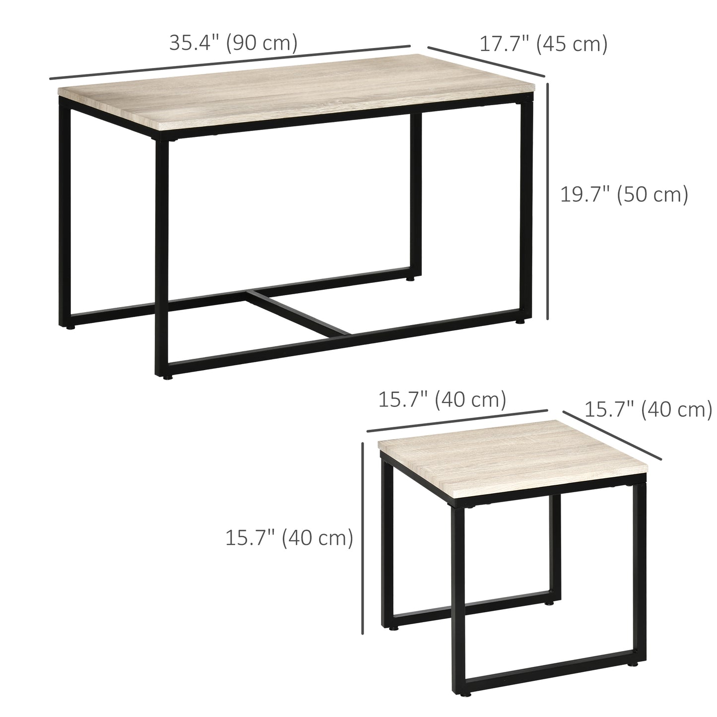 Lot de 3 tables d'appoint modernes avec cadre en métal noir pour salon, naturel