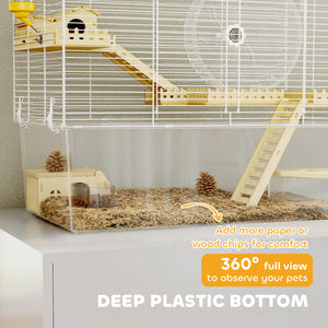 Cage pour hamster profonde, rampe en bois, cabane, roue d'exercice pour hamster et gerbille, blanche