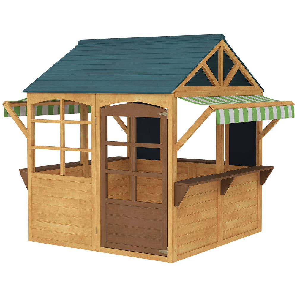Cabane de jeu d'extérieur pliable en bois avec porte fonctionnelle, protection contre la pluie, tableaux noirs, marron