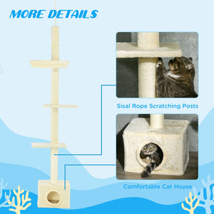 Arbre à chat du sol au plafond avec griffoir, maison et lit, beige