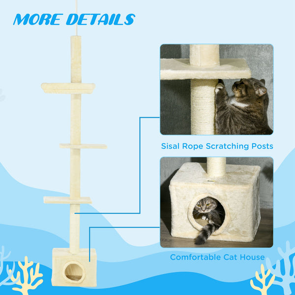 Arbre à chat du sol au plafond avec griffoir, maison et lit, beige