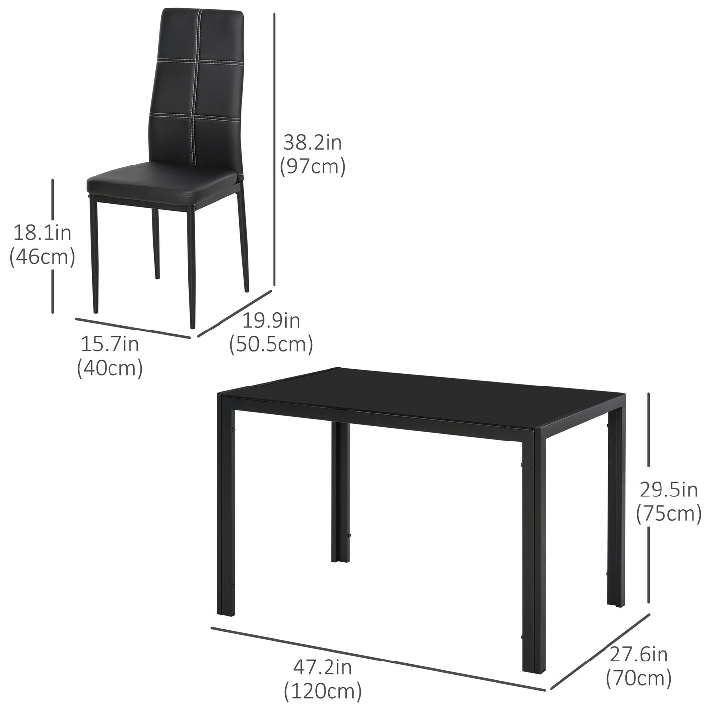 HOMCOM 5 Piece Rectangular Glass Kitchen Table and Chair Set with Metal Frame and Faux Leather Upholstery for Dining Room, Black