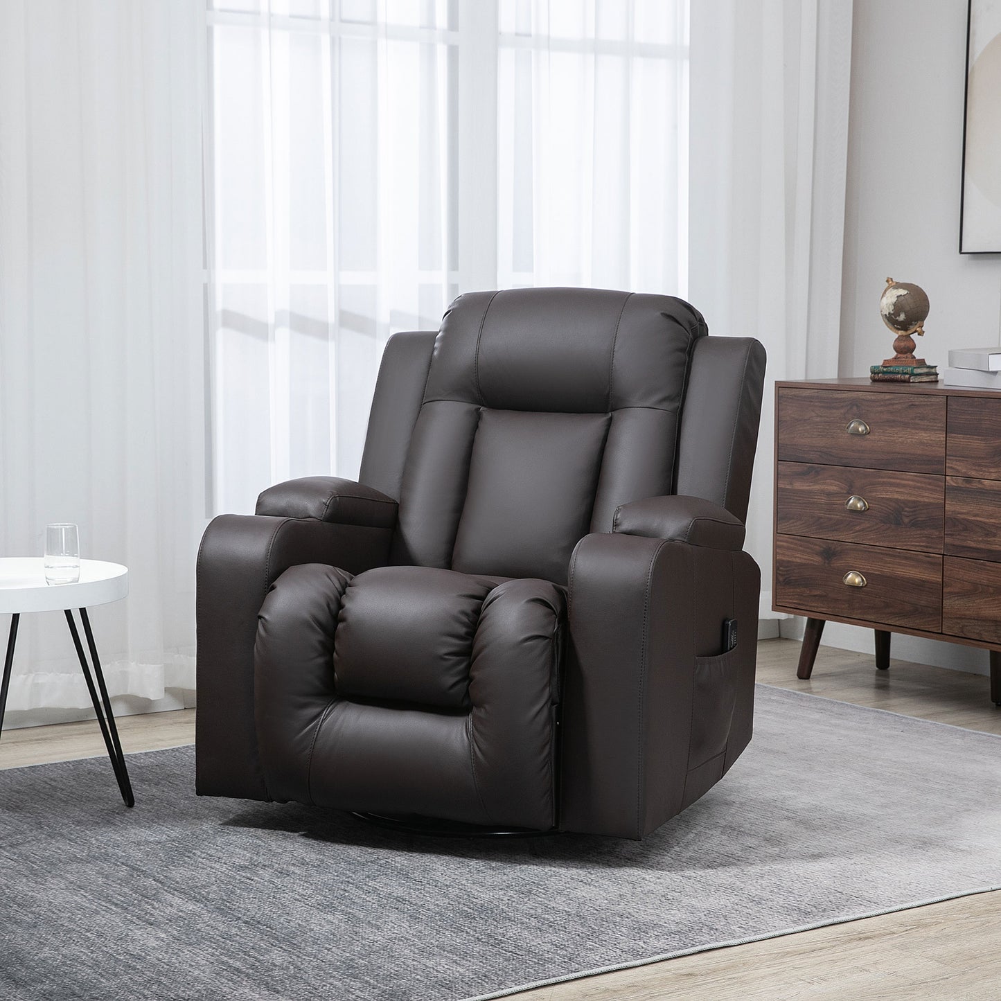 Fauteuil inclinable pivotant à 360° en cuir avec vibrations et porte-gobelets pour salon, marron