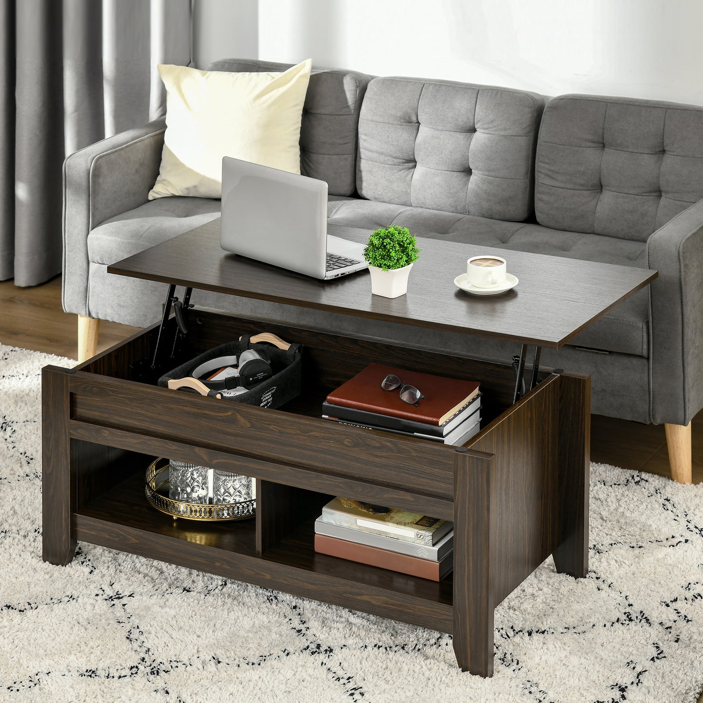 Table basse relevable avec compartiment de rangement dissimulé et étagères ouvertes, noyer foncé