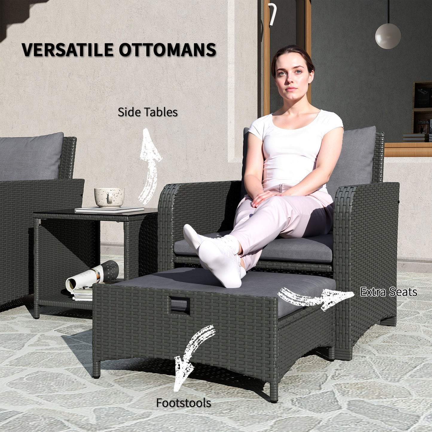 Outsunny 5 Piece Rattan Balcony Furniture Set, Wicker Outdoor Furniture with Two-Tier Coffee Table and Ottomans, Grey