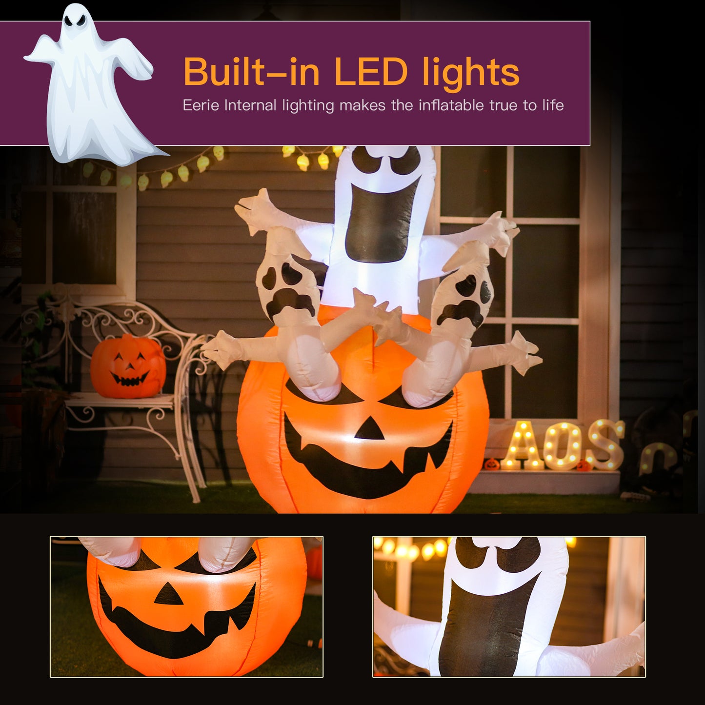 Lanterne gonflable d'Halloween de 1,8 m de haut avec fantômes, lanterne, citrouille et lumières LED
