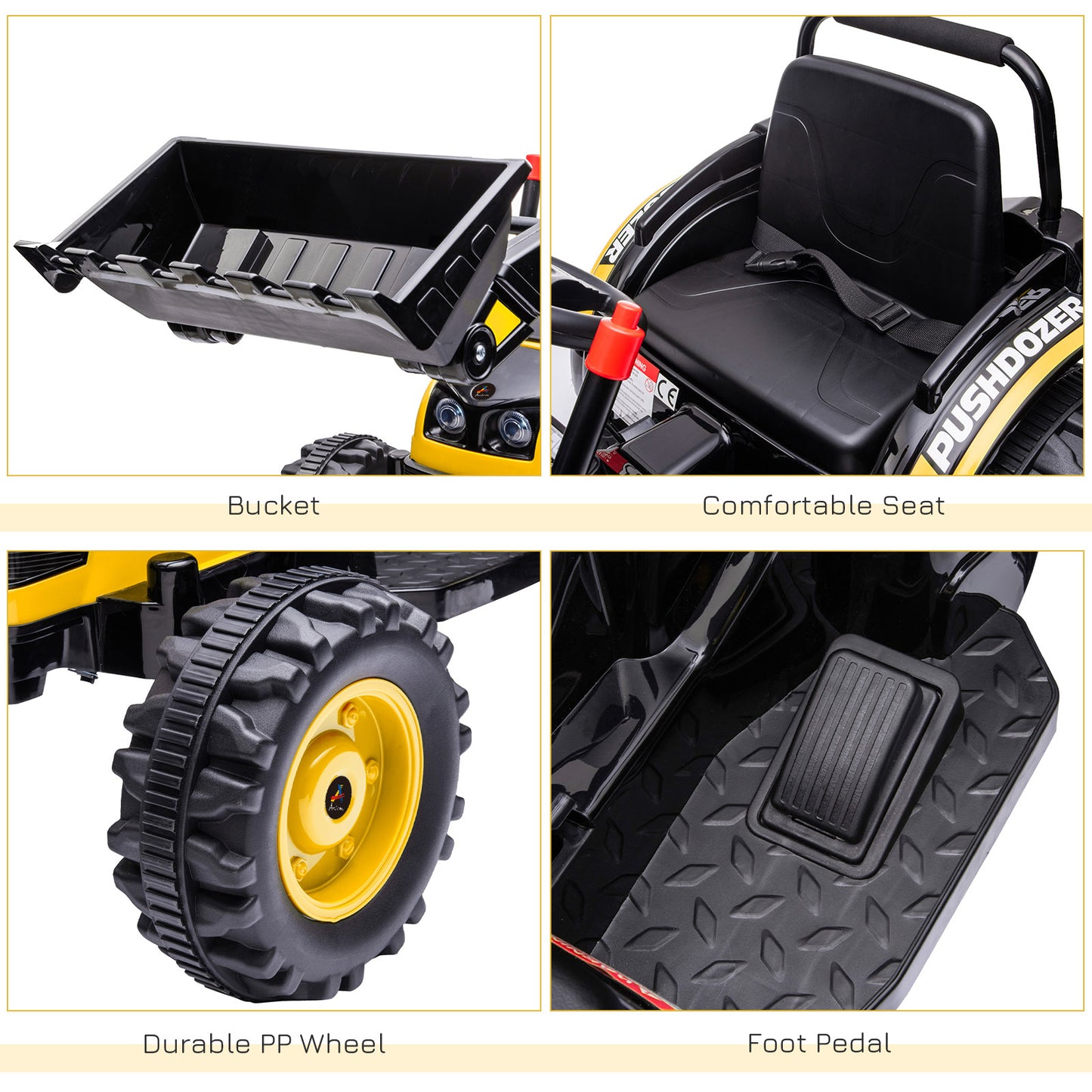 6V Battery Powered Kids Tractor, Ride-On Excavator, Music, Front Headlight, Reverse, Yellow