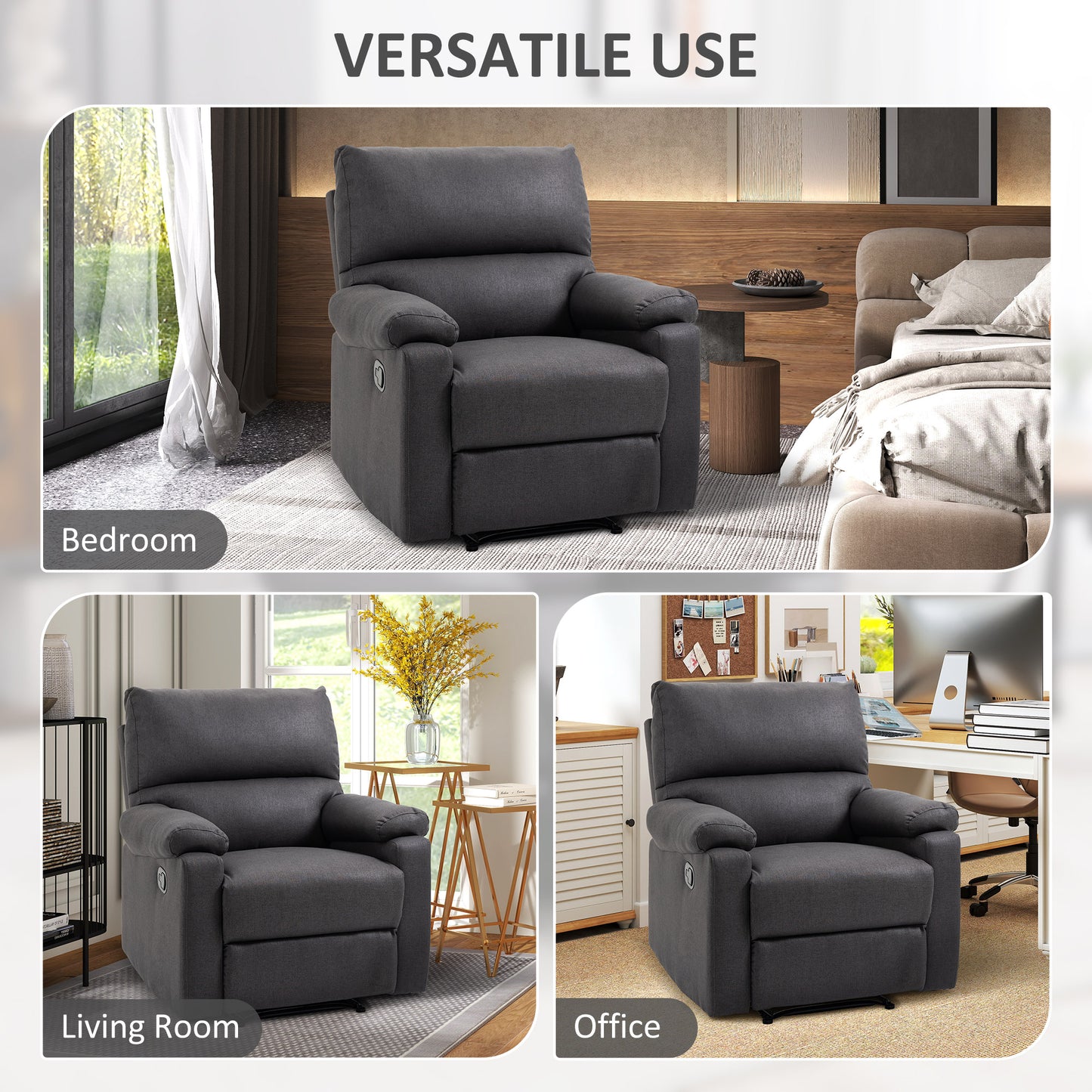 Fauteuil inclinable manuel avec repose-pieds, assise rembourrée, gris foncé