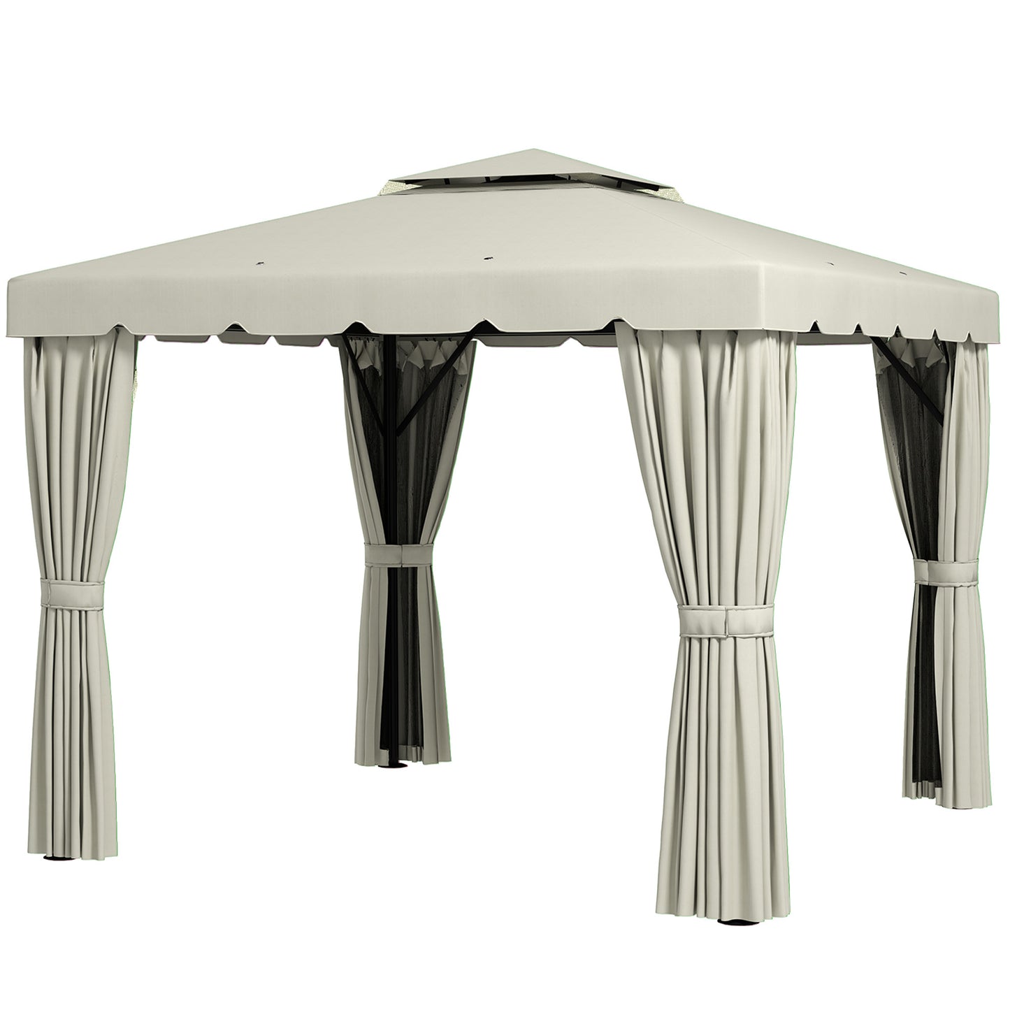 Gazebo 10' x 10' d'extérieur double toit souple avec rideaux et moustiquaires, blanc crème