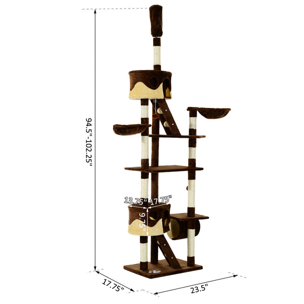 Arbre à chat géant de 240 à 250 cm, hauteur plafond, griffoir, centre d'activités, marron