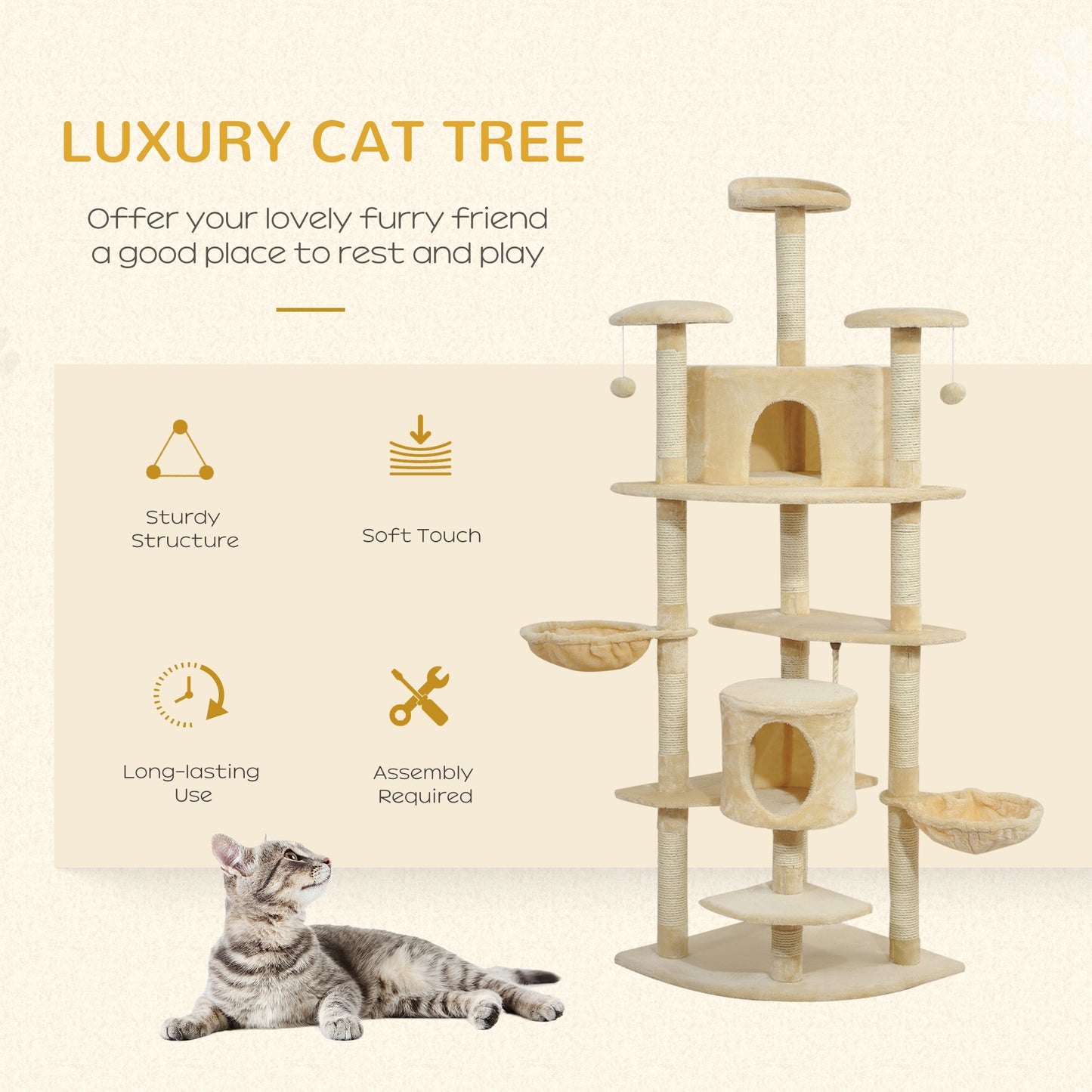 79" Cat Tree with Kitten Scratching Post, Activity Center and Toys Beige