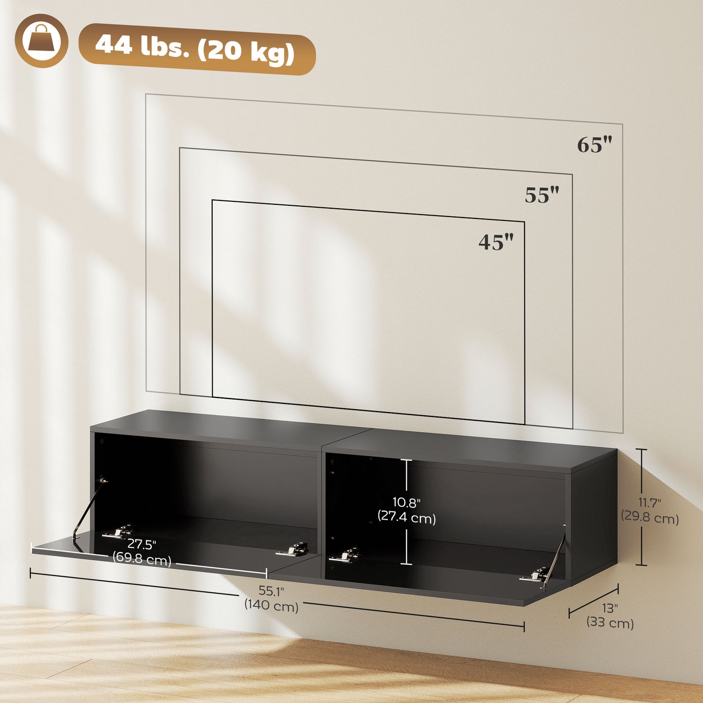 Meuble TV mural avec rangements pour téléviseurs 45, 55 et 65 pouces, noir