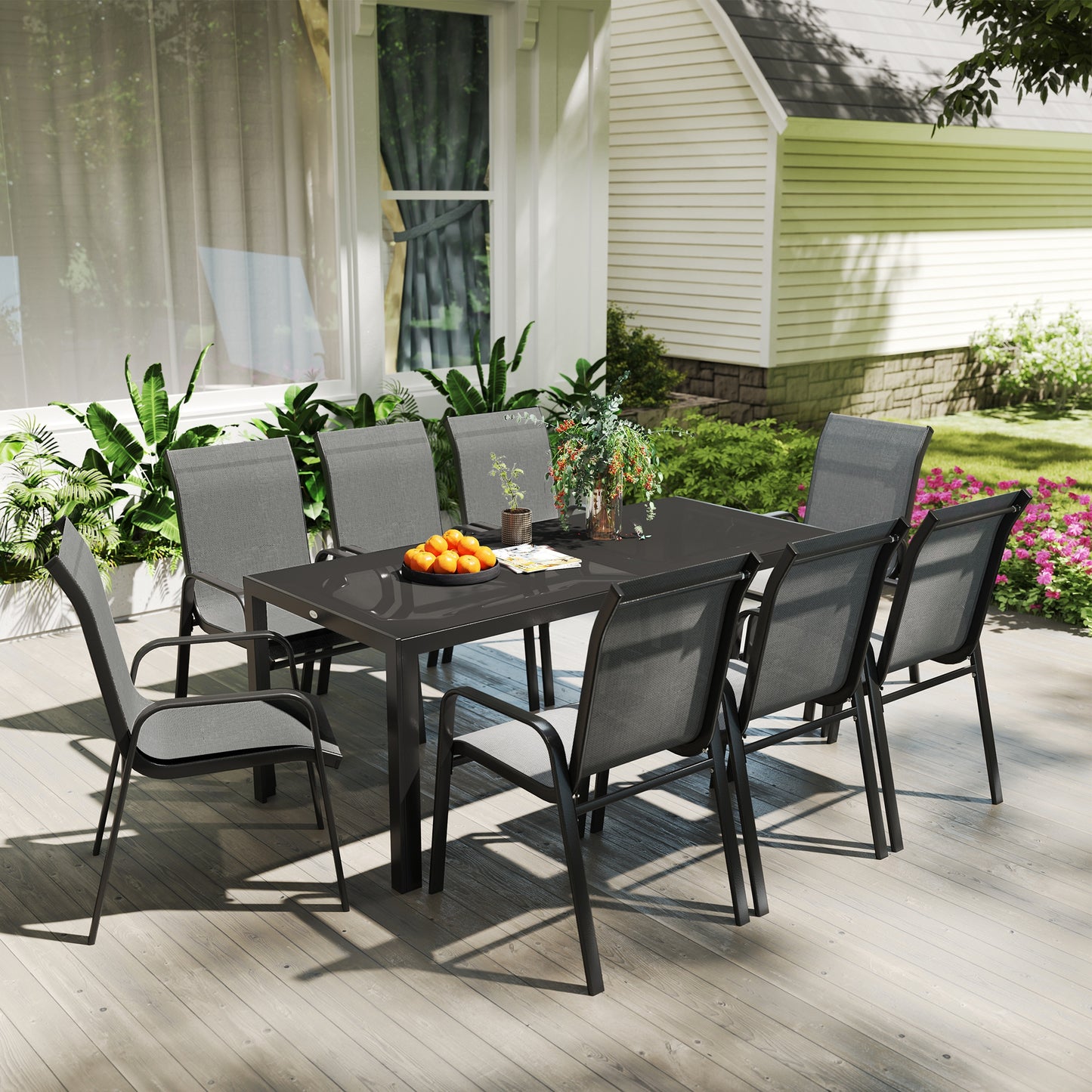 Outsunny 9-Piece Dining Set with Stackable Chairs and Glass Top for Garden, Patio and Backyard, Grey