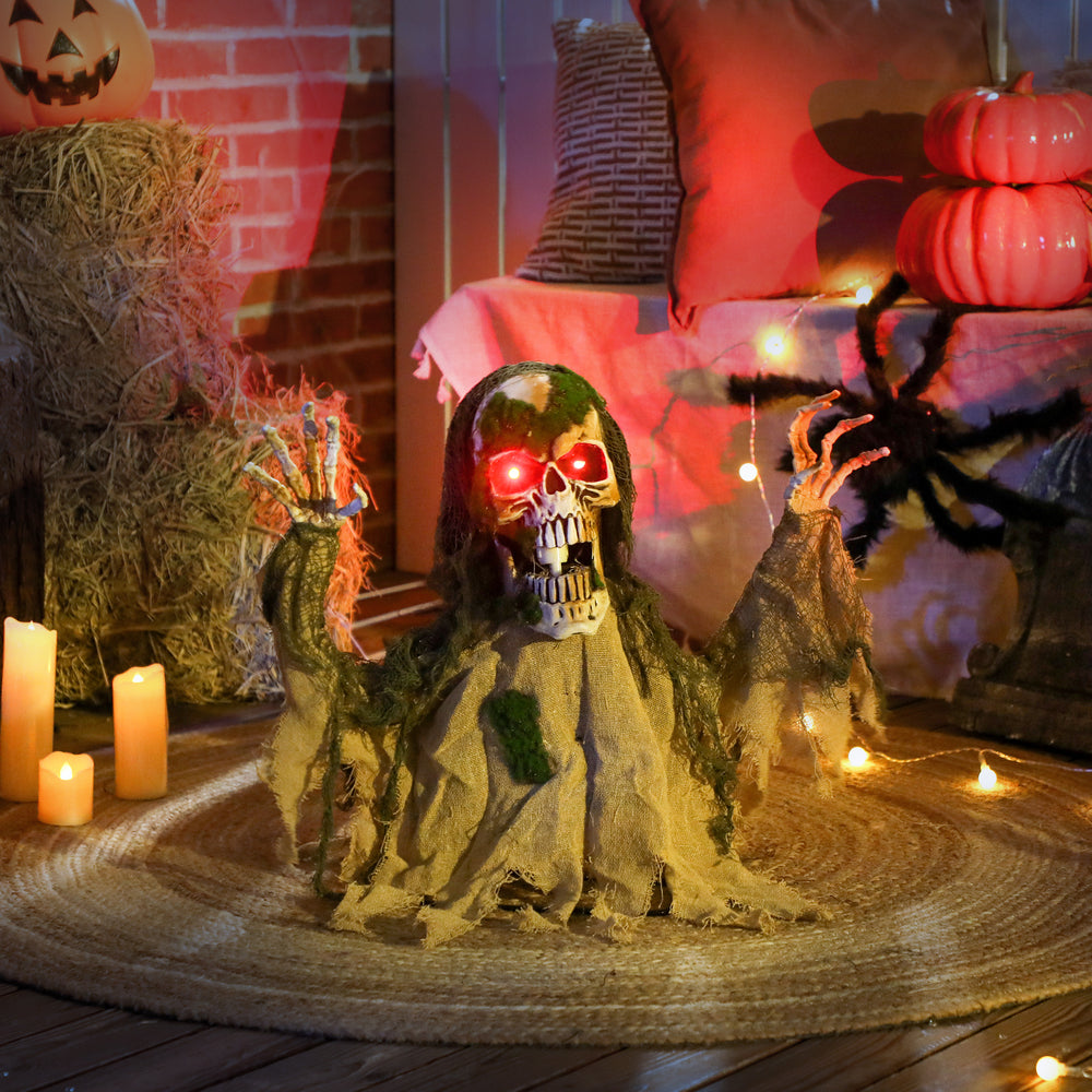 Squelette animé d'Halloween avec yeux LED lumineux, décorations d'Halloween animatroniques, à piles