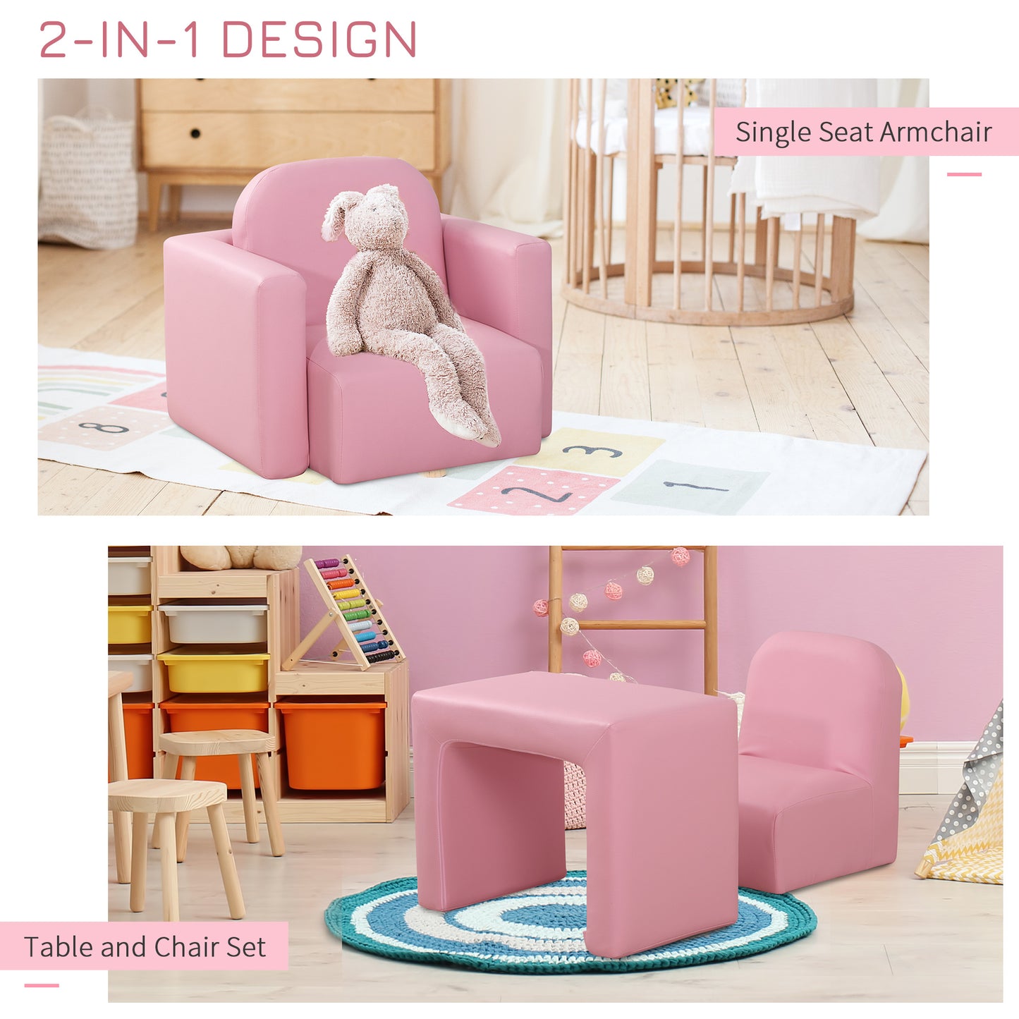Canapé pour enfants, table et chaise multifonctionnelle 2 en 1 pour tout-petits de 3 à 9 ans, rose