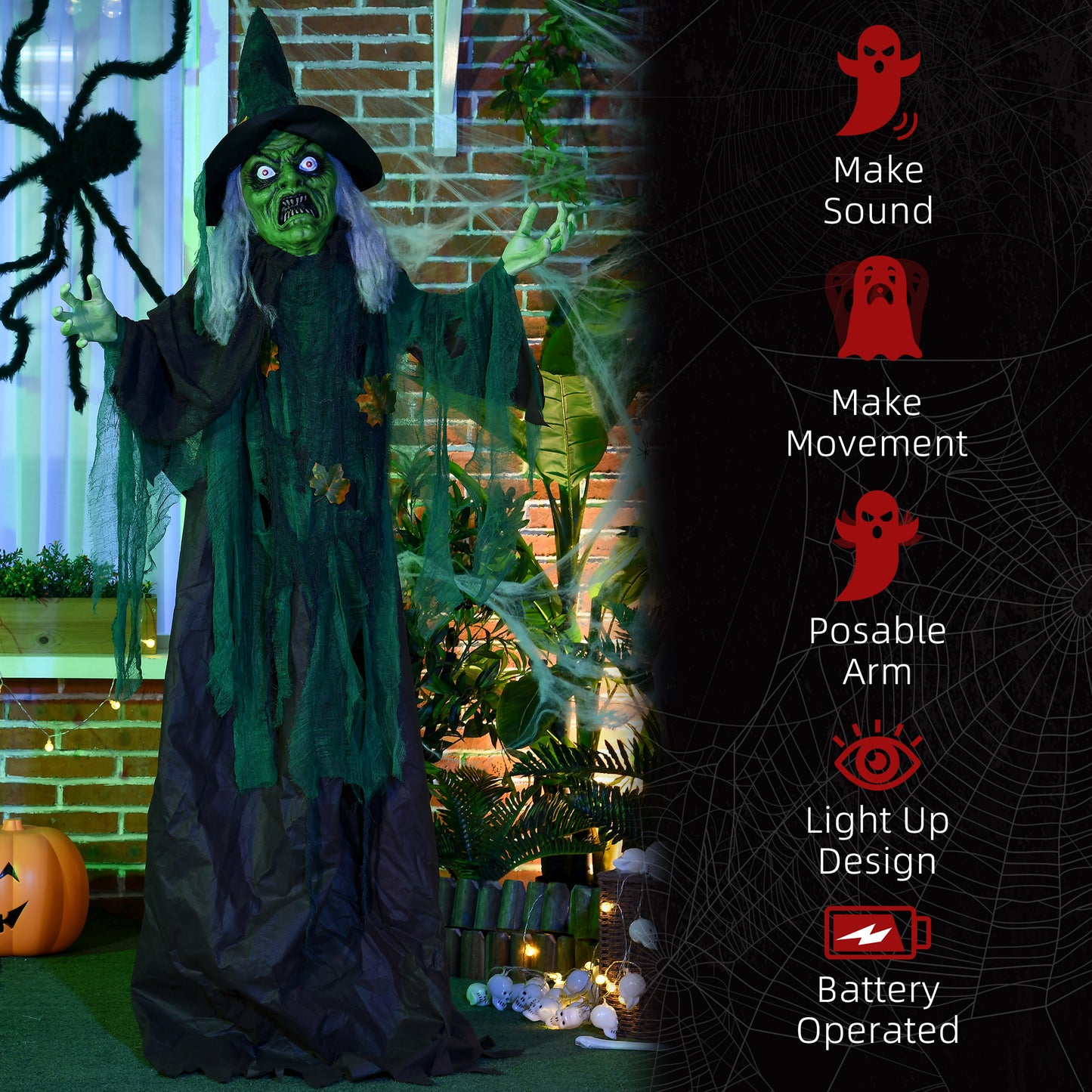 Décoration d'Halloween grandeur nature de 6 pieds, sorcière animé avec son et mouvement activés, yeux lumineux, son effrayant